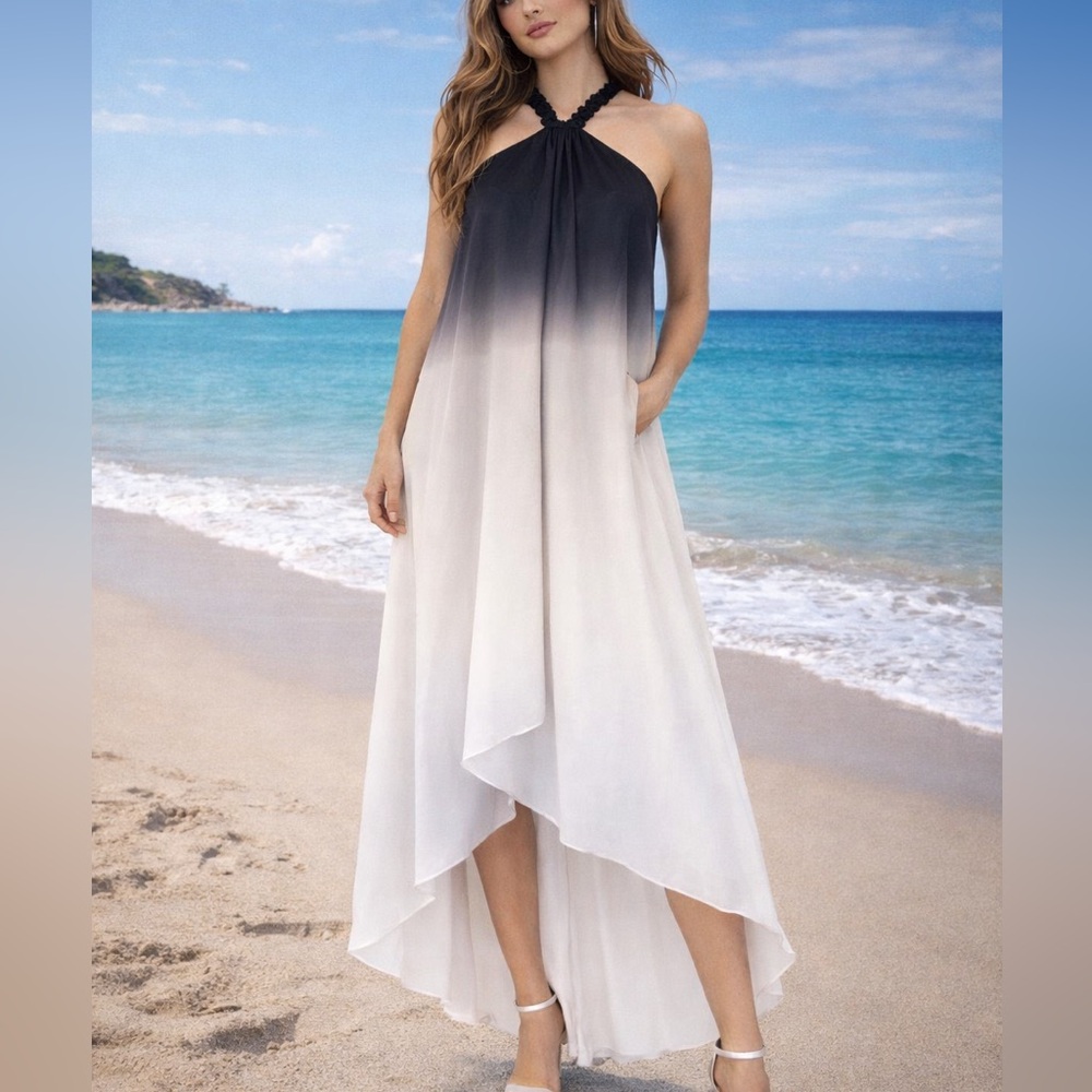 Halston Heritage‎ black and white ombre halter dress Size 2